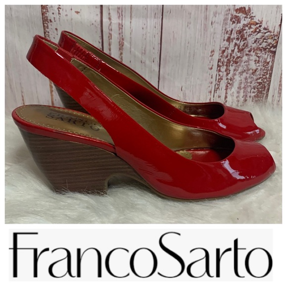 Franco Sarto Shoes - Red Patent Leather Peep Toe Slingback Wedges  { Franco Sarto }